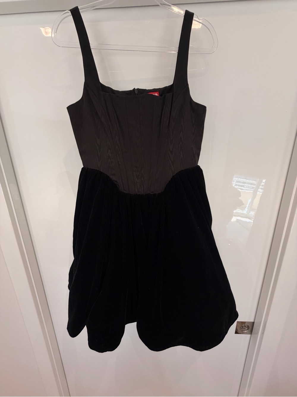 STAUD Black Satin Bodice Velvet Skirt Cocktail Dress